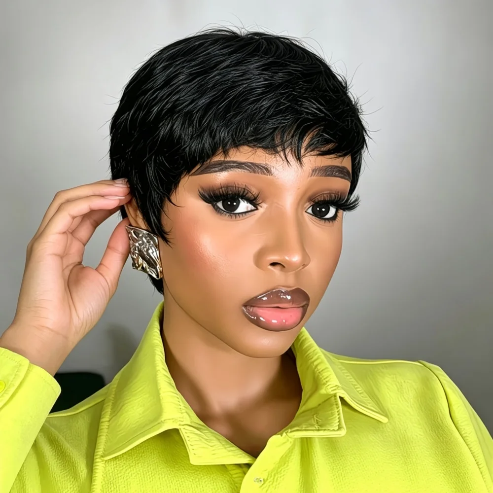Short Straight Pixie Cut Wig with Bangs - Natural Looking Layere Human Hair Wig, Lightweight, Breathable And Soft Textured Bob W