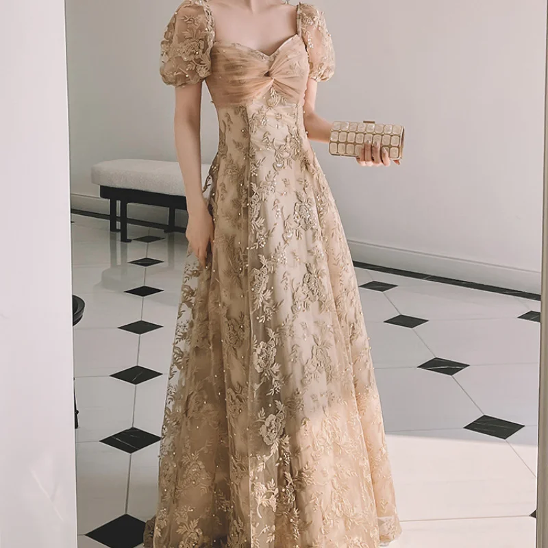 

Elegant Puff Sleeves Maxi Dress Bling Evening Party Dress French Princess Dress Banquet Dress Temperament Lady Robe De Soiree