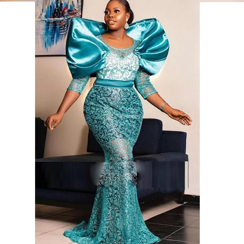 

Luxury Lace Mermaid Evening Gownses Ruffles Scoop Prom Gowns For African Women Birthday Dress