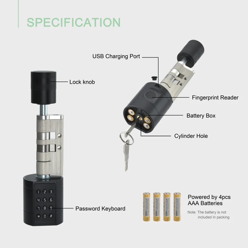 XSDTS Smart Cylinder Lock With Tuya Bluetooth App Fingerprint Password IC Card Key Include Easy Installation Replace ﻿