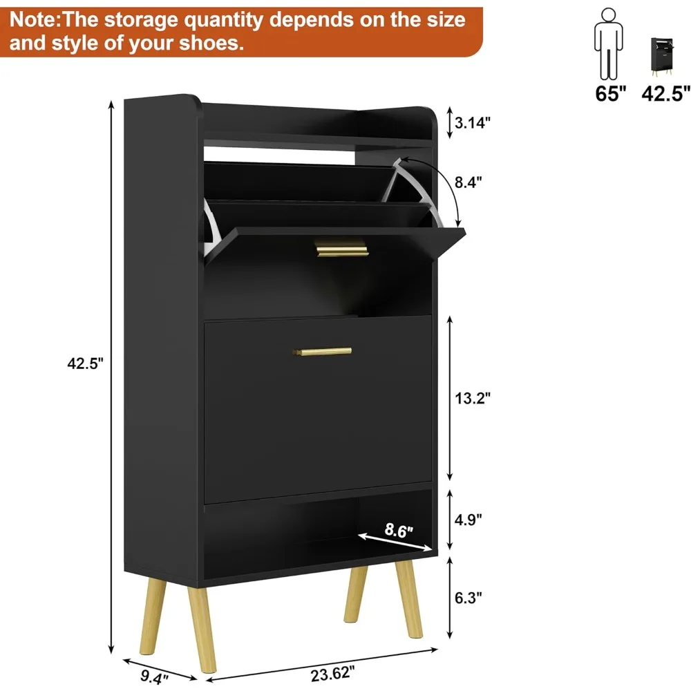 Shoe Cabinet with 2 Flip Drawers, with Storage Shelves and Top Compartment, Hidden Shoe Cabinet with Doors