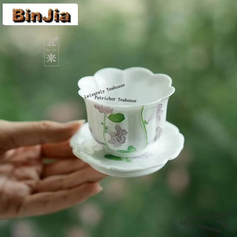 55ml Hand Drawn Bell Orchid Master Cup Handmade White Porcelain Teacup With Coaster Aesthetic Beautiful Tea Cup Tea Items Crafts