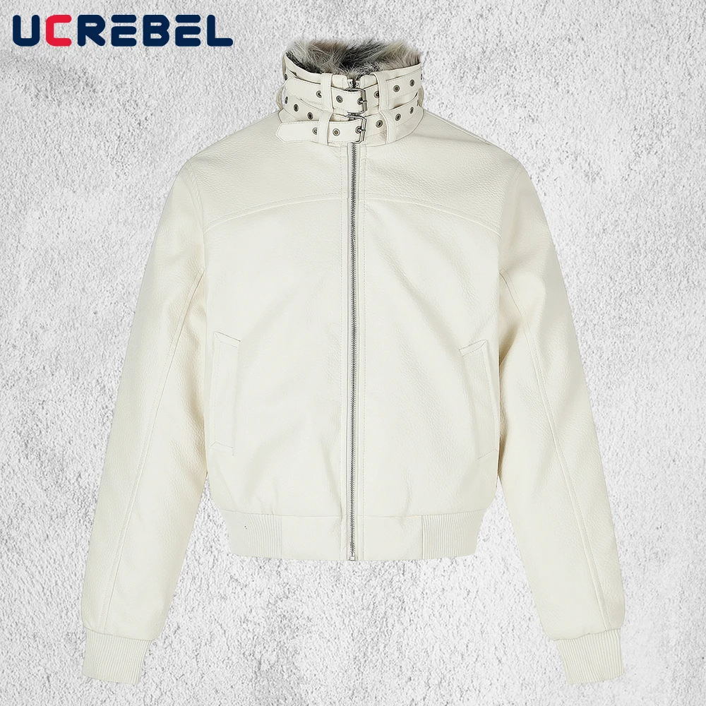 Double Breasted PU Leather Quilted Jacket Mens Winter Stand Collar Long Sleeve Fleece Outerwear Man