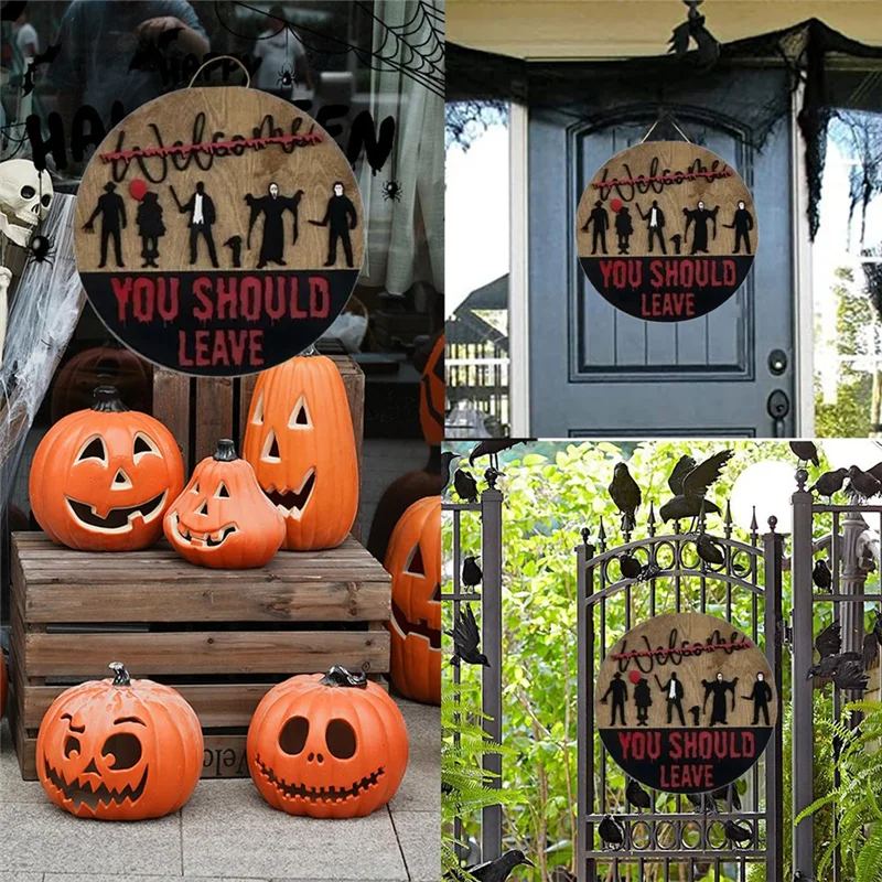 ABUI-Welcome Halloween شخصيات فيلم الرعب علامة الباب الأمامي ديكور داخلي للتعليق على الحائط