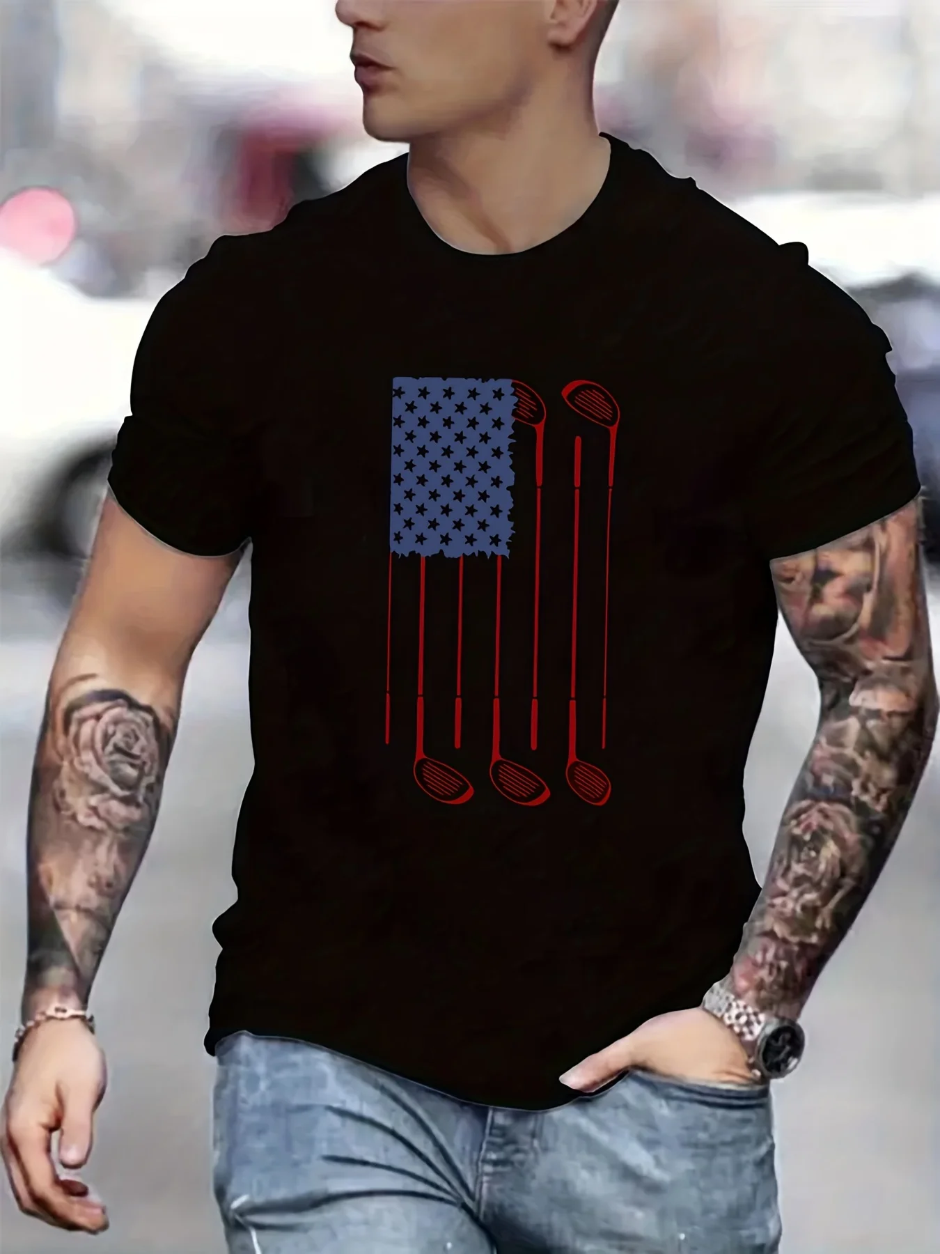 Summer New Men'S Casual Fashion Trendy Short Sleeve Print Micro-Elastic Ribbed Round Neck Comfortable Breathable T-Shirt