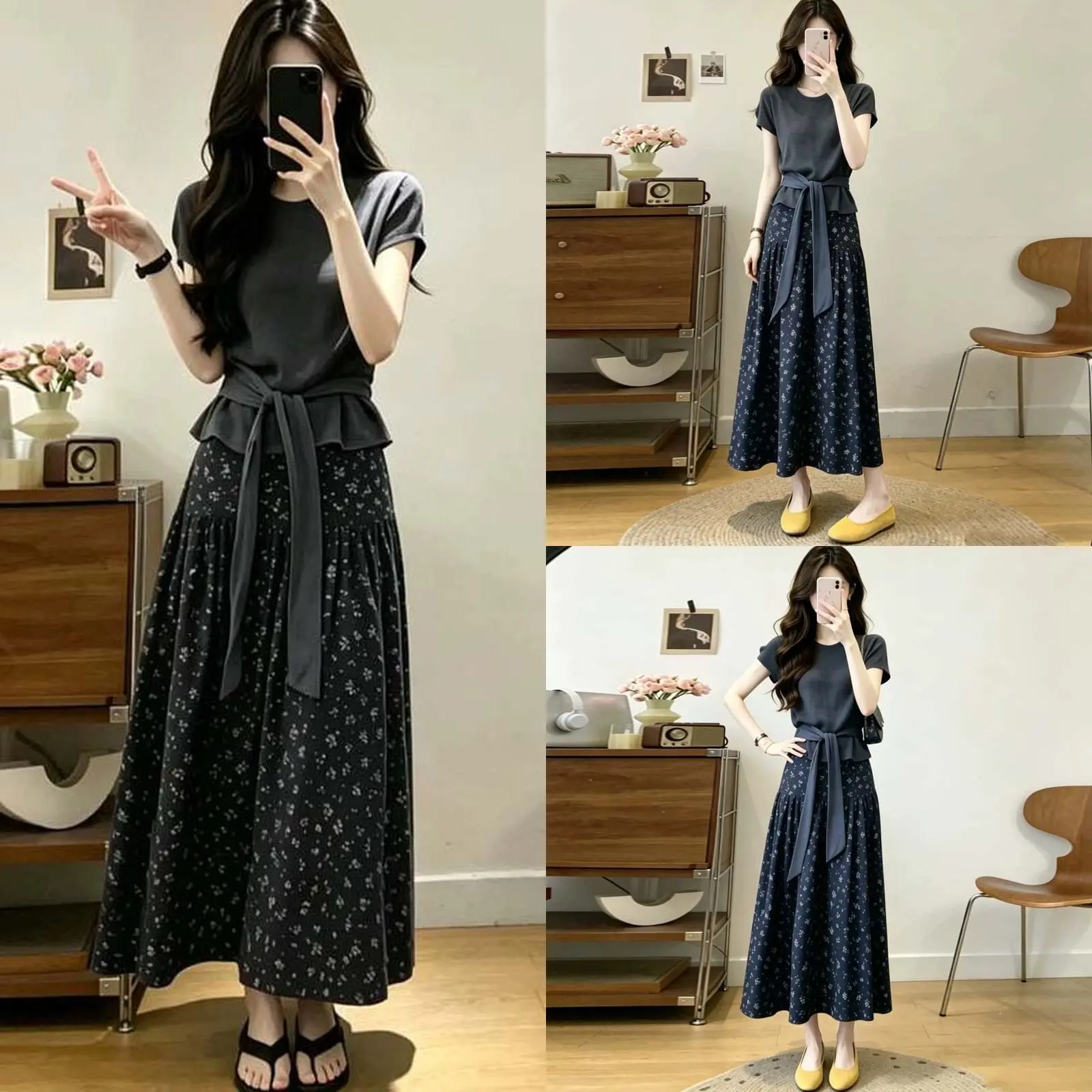 

Korean Summer Chic Lace Up T-Shirts Print Floral Skirts Two Piece Set for Women 2026 Lady Graceful Short Sleeve Tops Skirt Suit