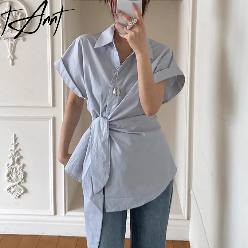 

Tannt Women Shirt Blouse Irregular Bandage Fashion Summer Blouse Tops Black White Blue Casual Vintage Women Shirt 2025 New