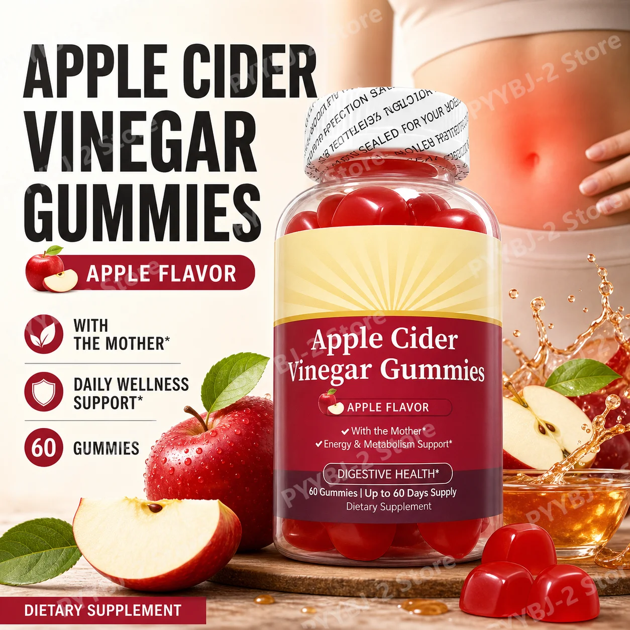 Apple Cider Vinegar Gummies with Vitamin B6, B12 & Folate Metabolism & Energy Gut Health Support 60 Gummies