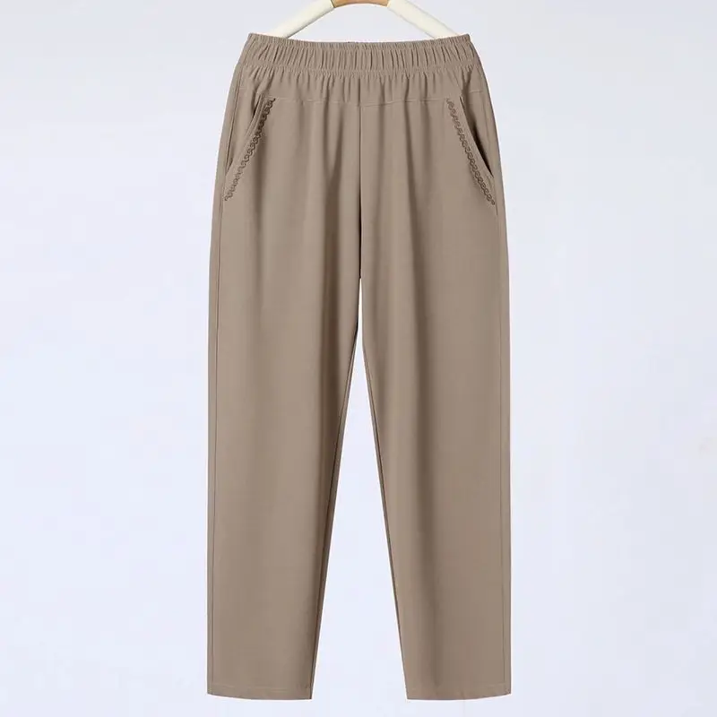 Middle Aged Female Pants Spring Summer Loose Mother Ice Silk Straight Pant Women Elastic High Waist Thin Trousers 5XL W2231