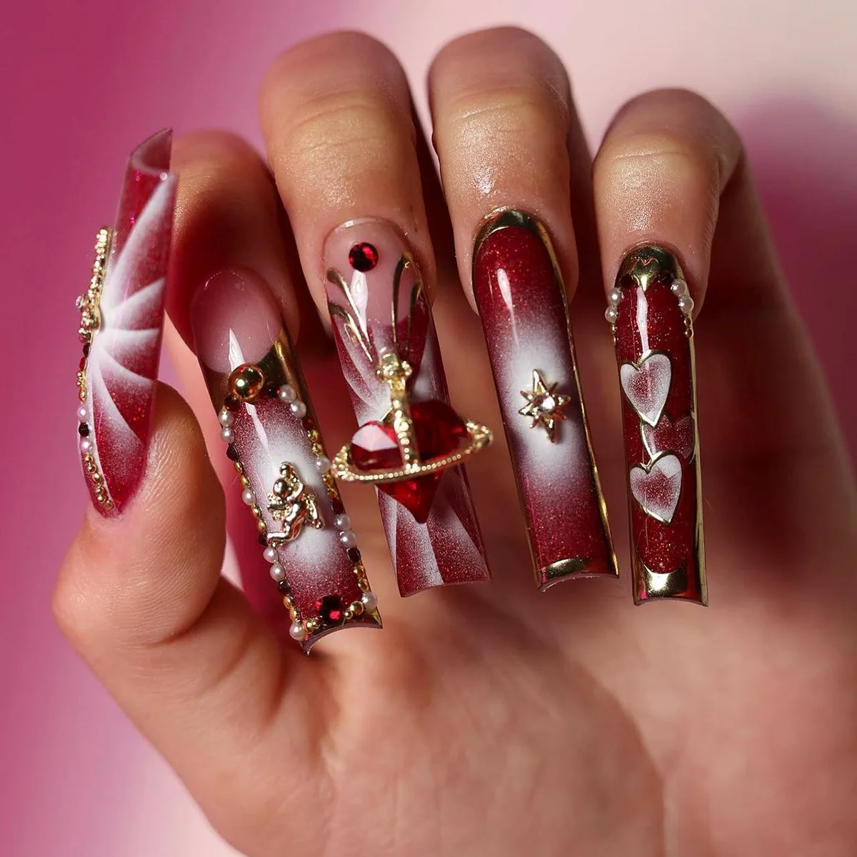 Manicura 3D de estilo francés Retro, Gema roja, corazón, ideal para viajes, uso diario, fiesta, se puede combinar con uñas de Ballet, 24 piezas de largo