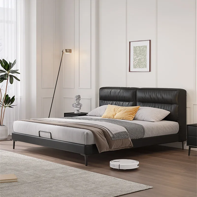 pm-Modern Luxury Italian Minimalist Bed Frame Black Leather Upholstered Storage Bed with Split Pleated Headboard