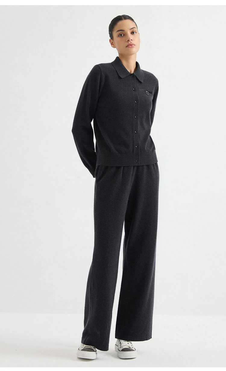 BD3621836 Damen 100% Kaschmir Strickhose mit Weitem Bein, Elastischem Bund, Gesäßtasche, Kettenabzeichen, Weiche Entspannte Passform für den Frühherbst – Detail 10