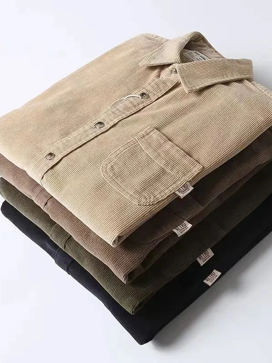 

American Sle Heavyweight Loose Fit Pure Cotton Men's Corduroy irt Waed Casual Long Sve Breathable Thiened Autumn S...
