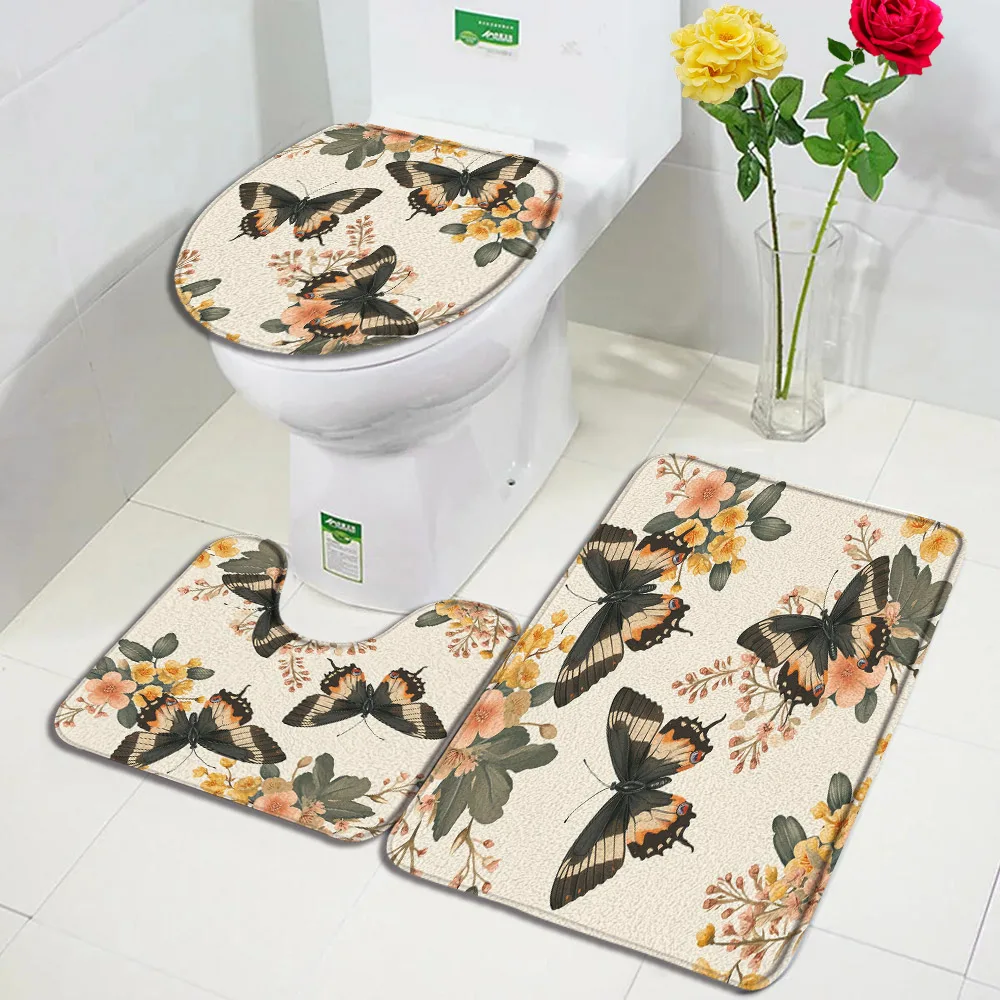 Pink Rose Floral Bath Mat Set Green Leaves Flowers Rustic Home Carpet Non-Slip Bathroom Decorative Floor Rugs Toilet Lid Cover