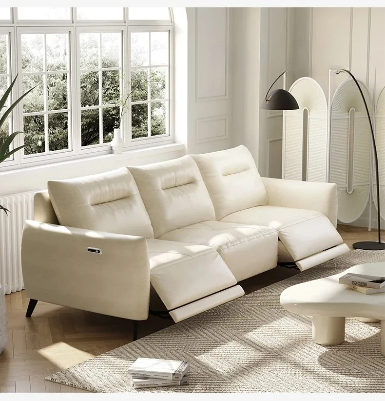 A  Electric Sofa Leather First Layer Cowhide Living Room Modern Cream Wind Multi-functional Leather Art Three People