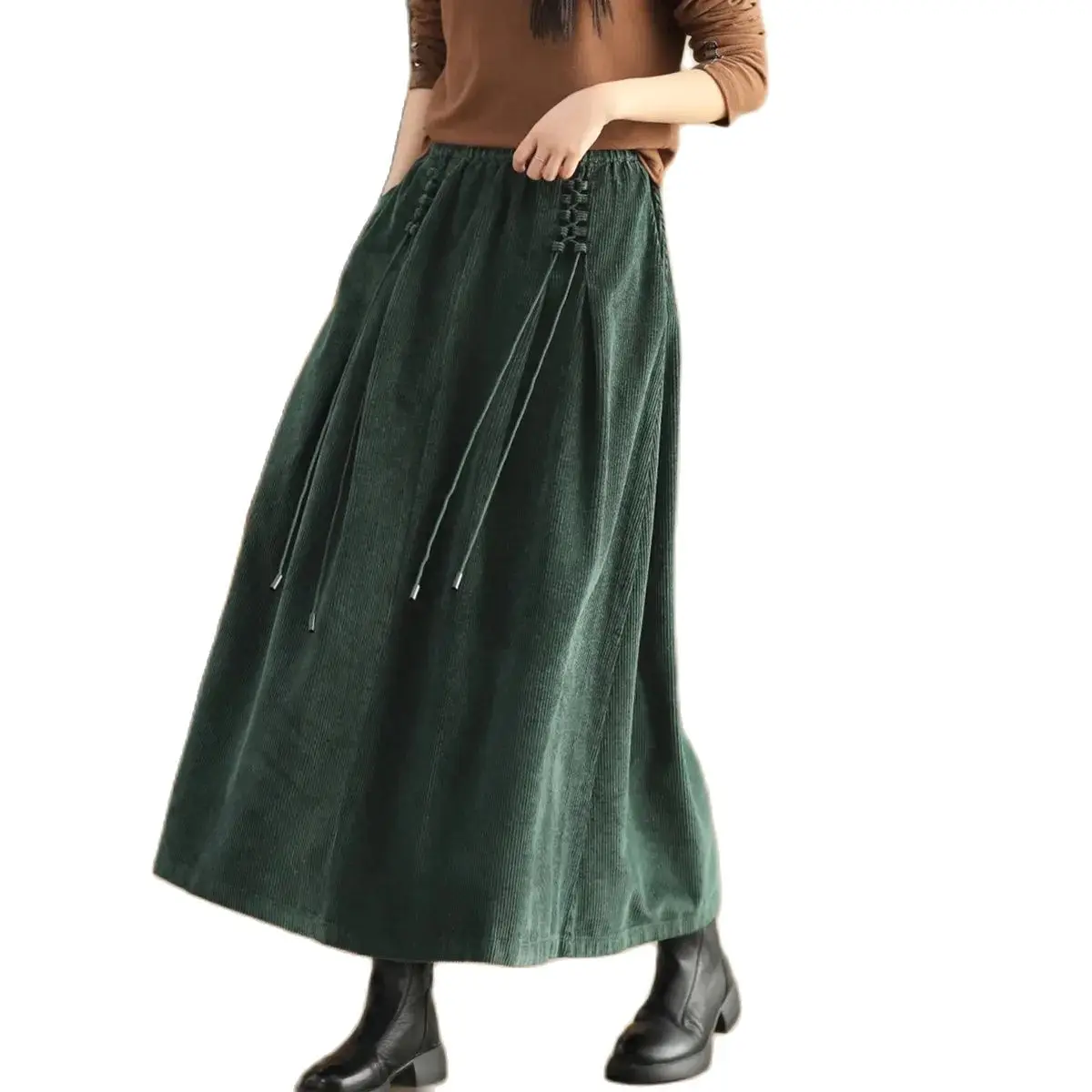 2024 New,Winter Retro Cotton Corduroy Skirt,For Womens Clothes,Casual Elastic High Waisted Skirt,Spring Autumn Striped Skirts