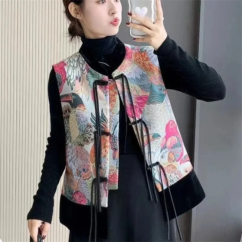 

New Chinese Waistcoat Fashion National Wind Vest Coat Female 2024 New Tang Suit Buckle Spring Autumn Embroidery Vest Vintage Top