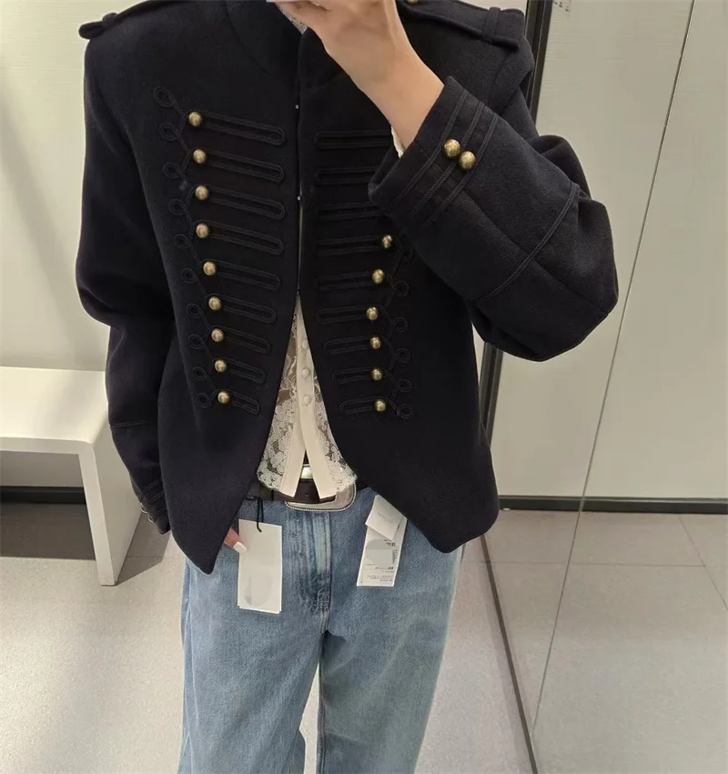 Guobioziy Women's Jacket 2026 Autumn New Navy Blue Long-Sleeve Button Napoleon Knight Style Jacket Stylish and Trendy