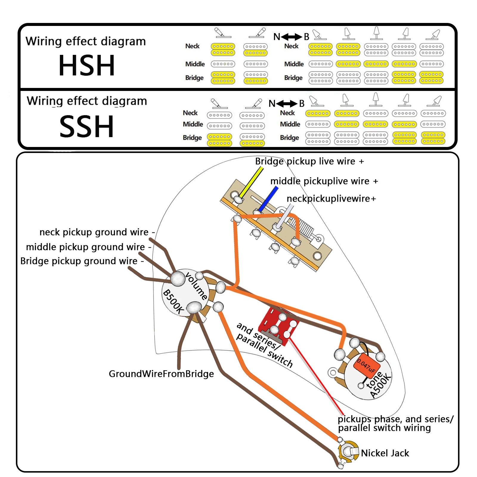 يناسب ST/SQ HSH HH والجيتار الكهربائي بنفس الطراز، رائع للأسلاك مثل التنصت على الملف، ومجموعة الأسلاك المسبقة خصيصًا #5