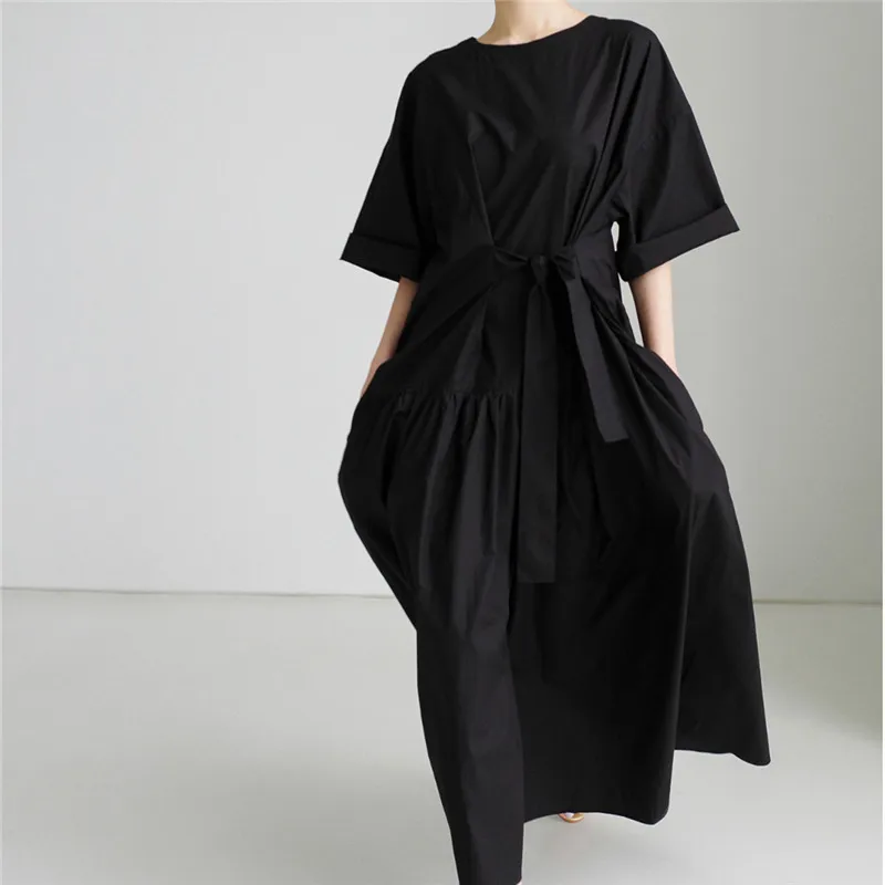 

Summer New Mid-Length Loose Women's Dr Korean Sle Cross Design Personalized Faionable Long Sve Cotton A-Line Dr