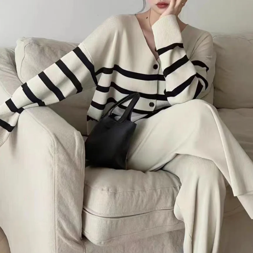 Korean Style Elegant 2-Piece Sets For Women Stripe Sweater Long Sleeve Top Matching Pant Sets New In Knitwear Casual Chic Outfit