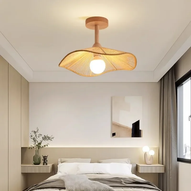 Log Wind Retro Walnut Color Room Light Art Creative Design Feeling Ceiling Light Wavy Lotus Leaf Shape Bedroom Lamps