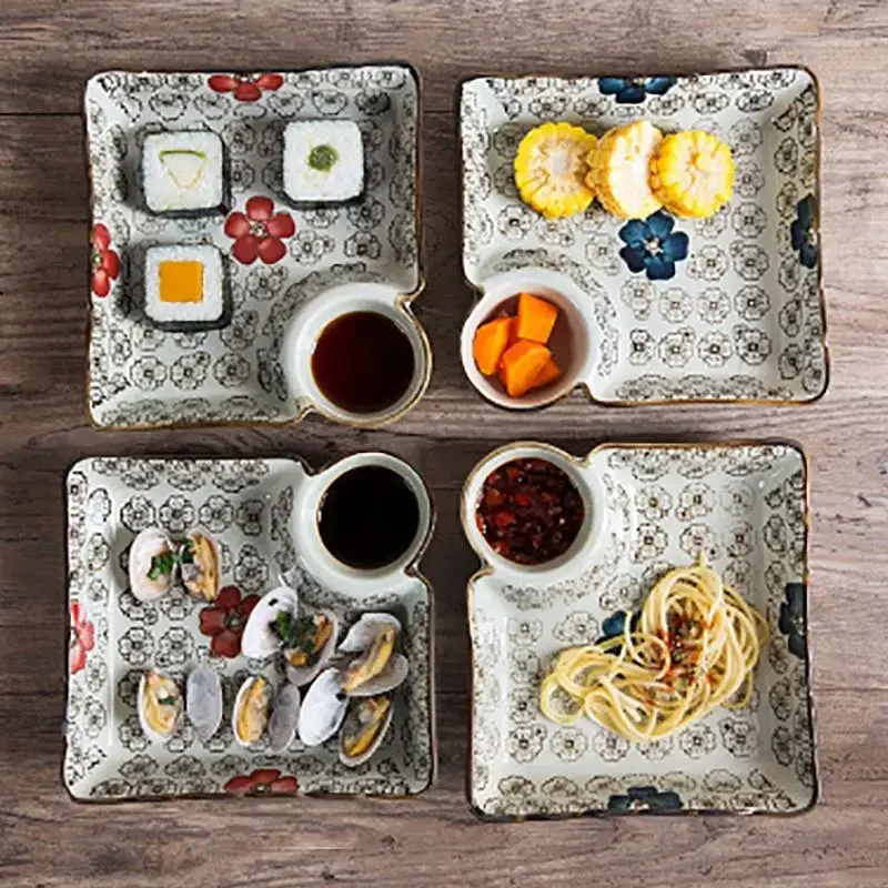 Large Square Dumpling Plate with Vinegar Space Snack Platter Creative Separated Divided Tray Tableware Porcelain Serving Plate