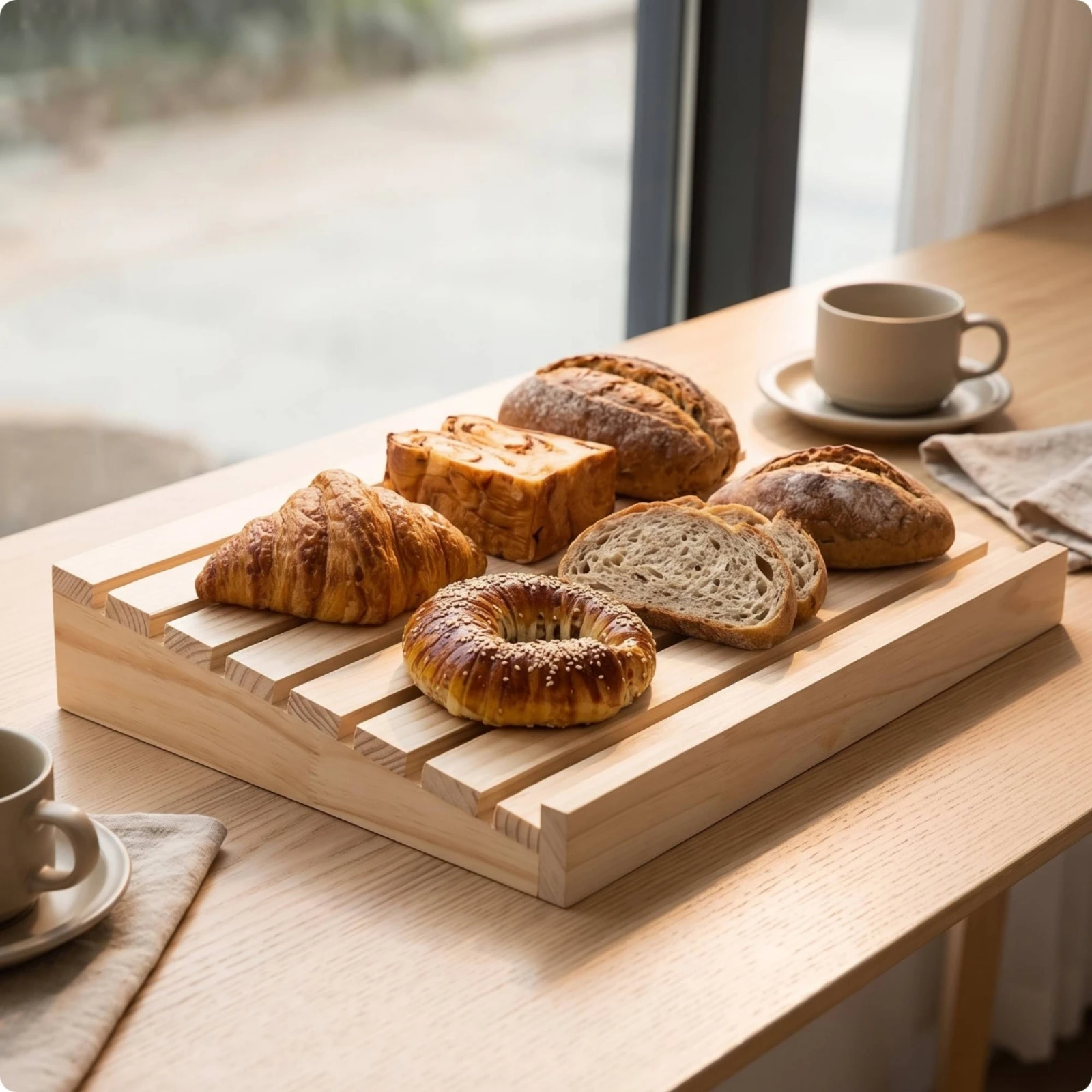 Bakery Display Tray Low-Height Slatted Bread Tray Wooden Display Riser Sturdy Stand Elegant for Bakers, Cafés, Buffets