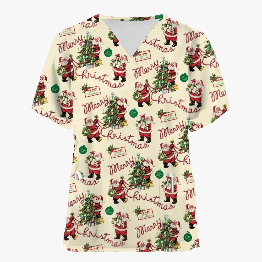 Surgical Uniforms Holidays Christmas Prints Style Pocket Design Surgical Costume Woman V-Neck Short Sleeve Nurse Medical Uniform