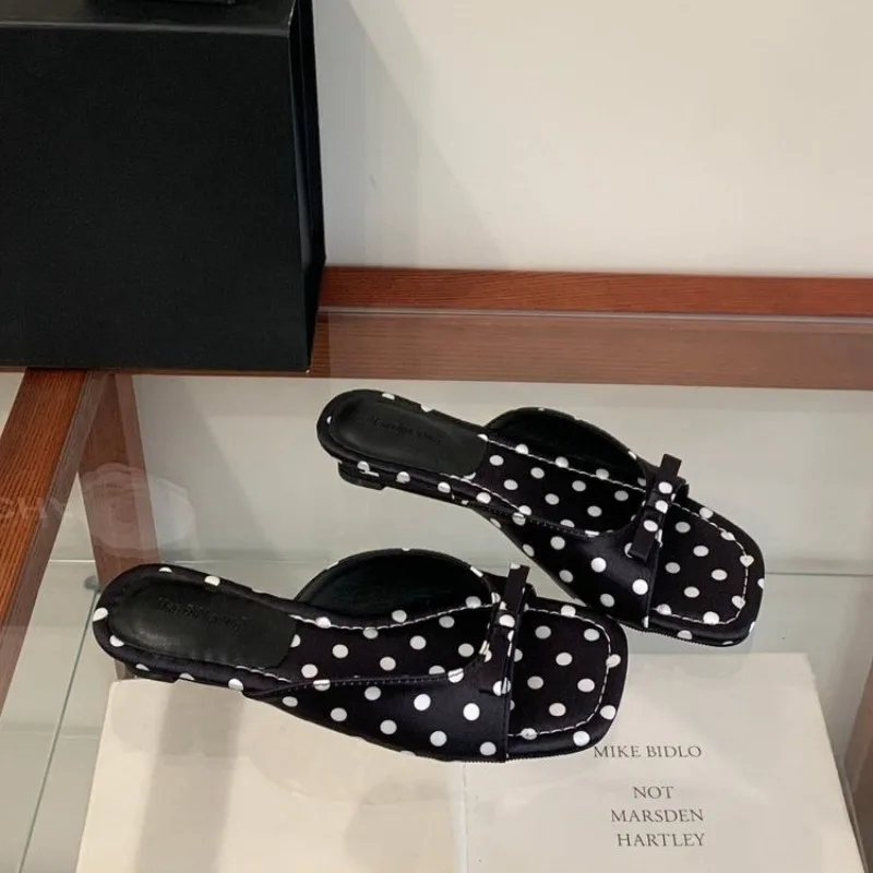 

New French Polka Dot Slippers Women Bow Square Toe Soft Sole Outside Wear All-match Summer Slippers