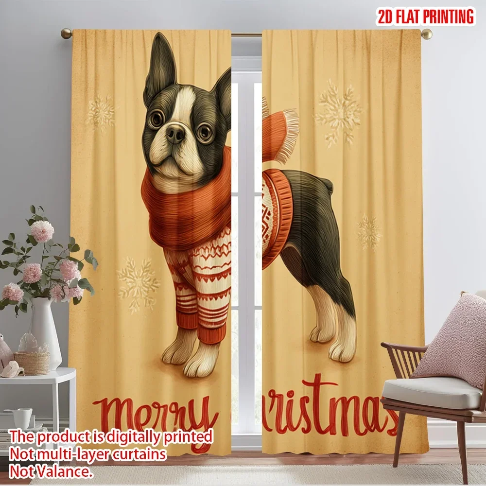 2pcs,2D plane printing Light Filtering Curtains Boston Terrier and Reindeer Deer Durable 100% Polyester Fabric (without rod) Art
