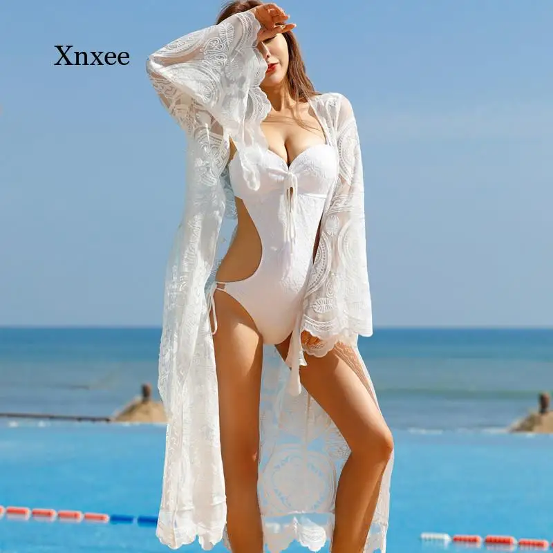 2018 Summer Women White Flare Sleeve Sexy Dress Boho V-Neck Lace Maxi Dress Sashes A-Line Beach Dresses Xnxee