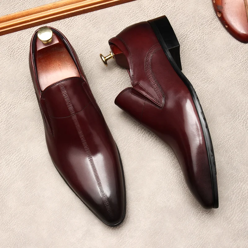 Luxury Italian Pointed Toe New Mens Dress Loafers Genuine Leather Brand Designer Elegant Slip on Black Wedding Social Shoes Man