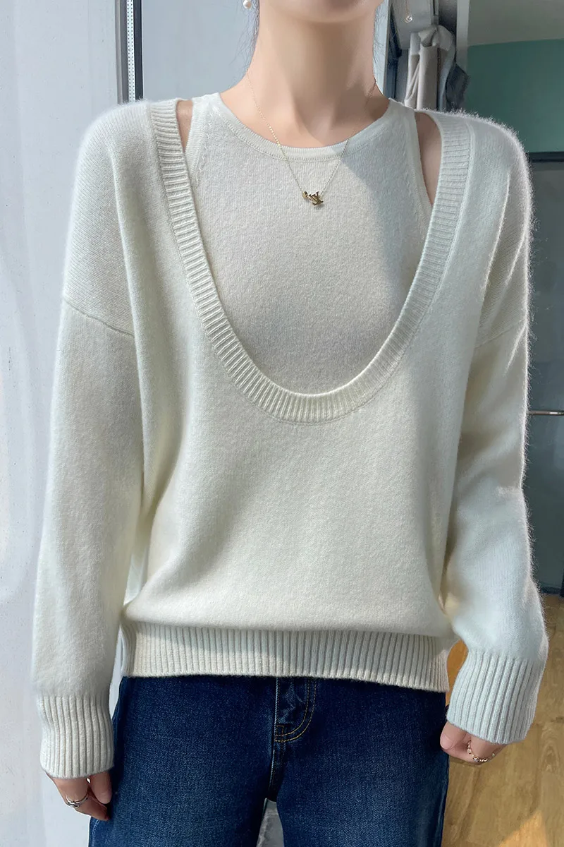 

Мягкий комфортный осенне-зимний пуловер из 100% чистой шерсти, вязаный свитер, женский комплект из двух предметов, однотонный большой топ с U-образным вырезом и жилет, высокое качество