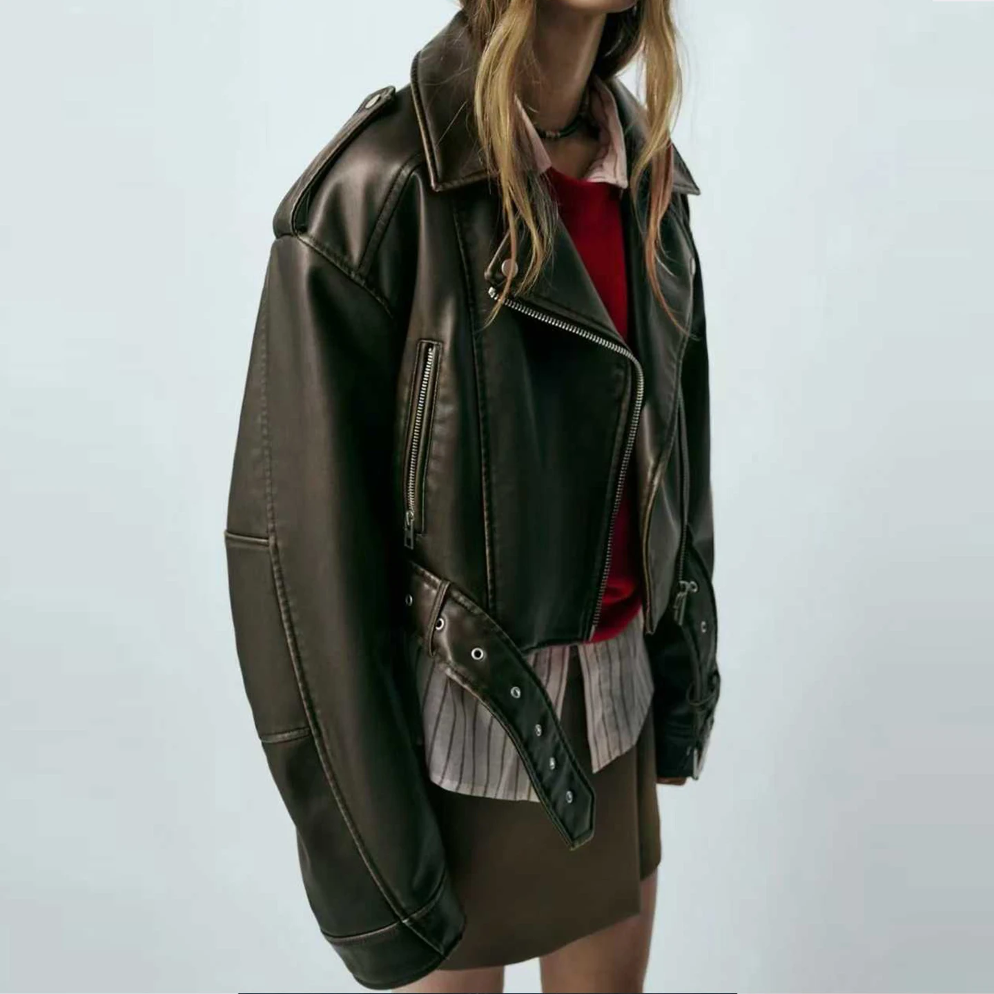 Faionable دراجة نارية جلدية فضفاضة Jaet المرأة الخريف جديد Sle الوقوف طوق ort ملابس خارجية Z الوقوف صالح