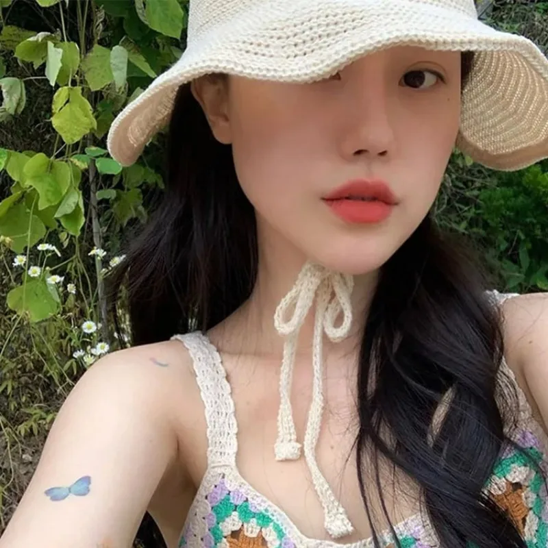 Korean Linen Knitted Straw Knitted Loli Hat Summer Simple Wide Brim Lace Breathable Sunshade Sunscreen Dome Sun Hats for Women