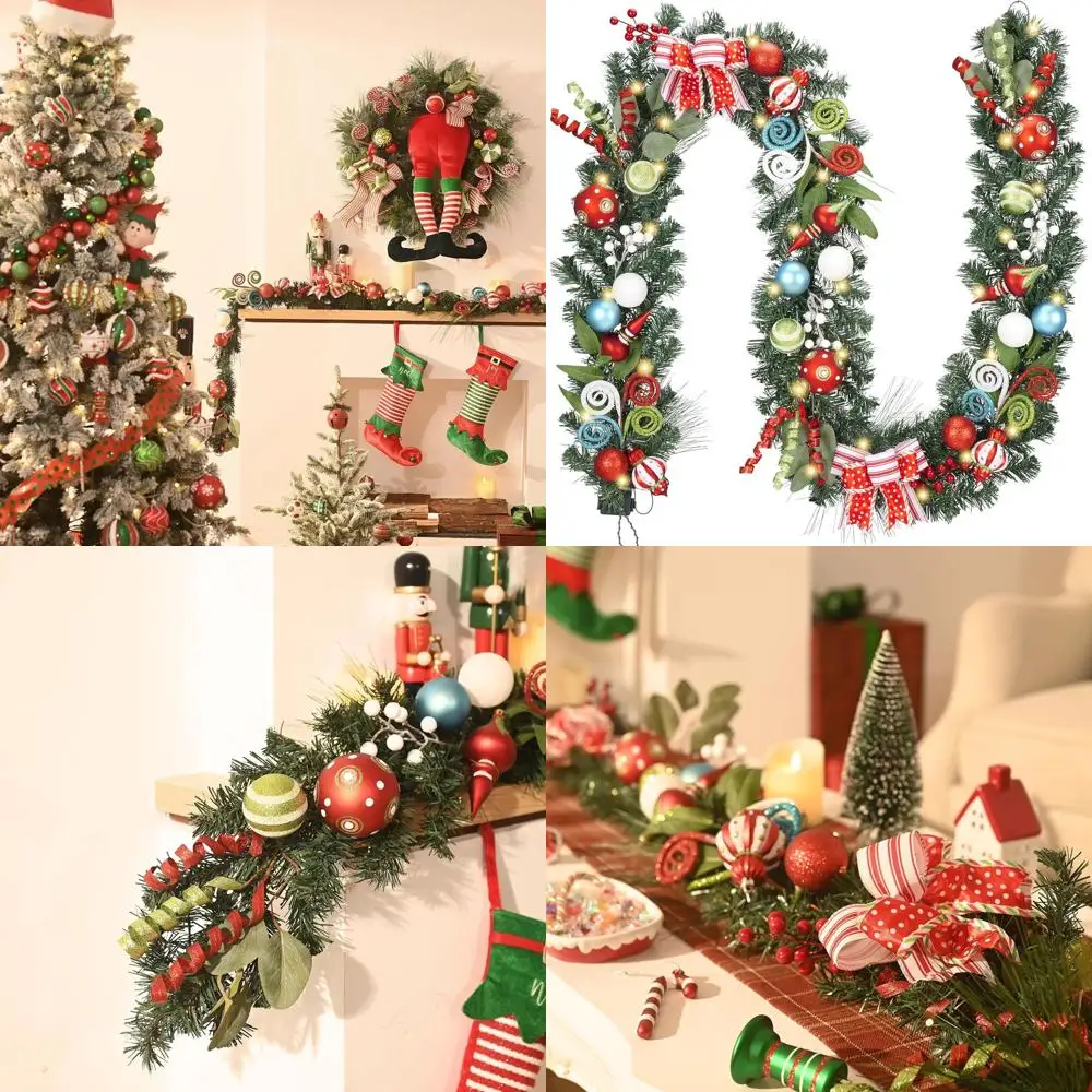 

Multi-Colored Lighted Christmas Garland, 9 Feet Pre-Lit for Mantle, Outdoor or Indoor Holiday Decoration with Balls & Bows