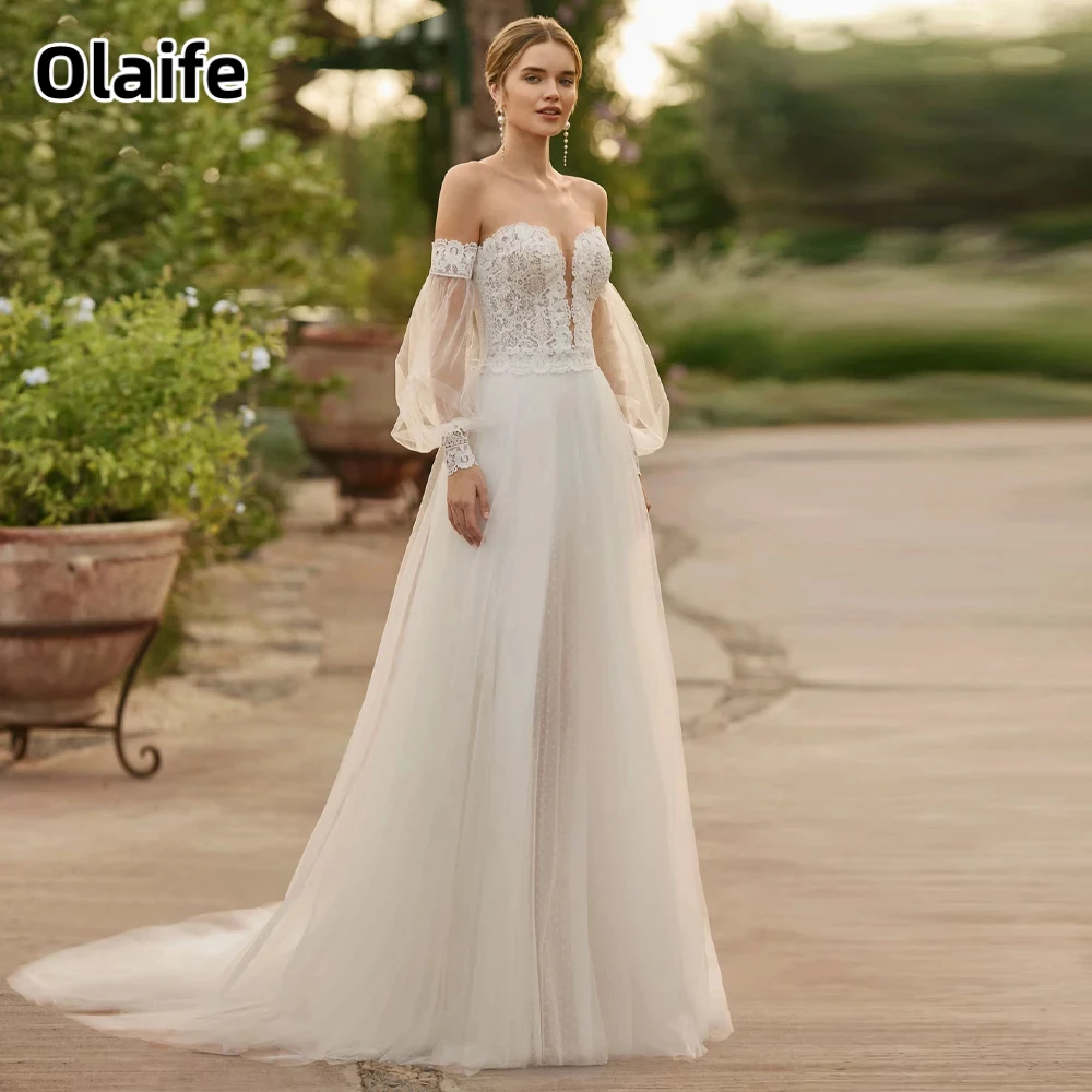 Olaife Stylish Puff Sleeves Bridal Dress Sweetheart Lace Appliques Lace Up Tulle Sweep Train Robe De Mariee Customized Made