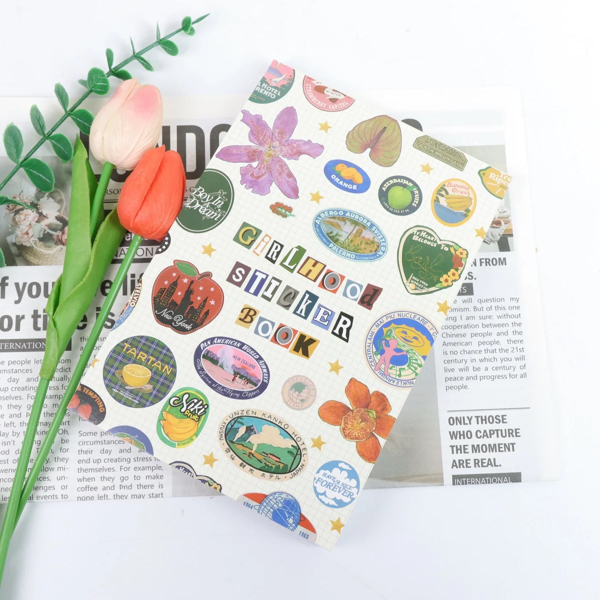 Sticker Book-Entrance Tickets with Fruity Symbols and Pastel Letters, DIY Scrapbooking Journaling Manual Decoration