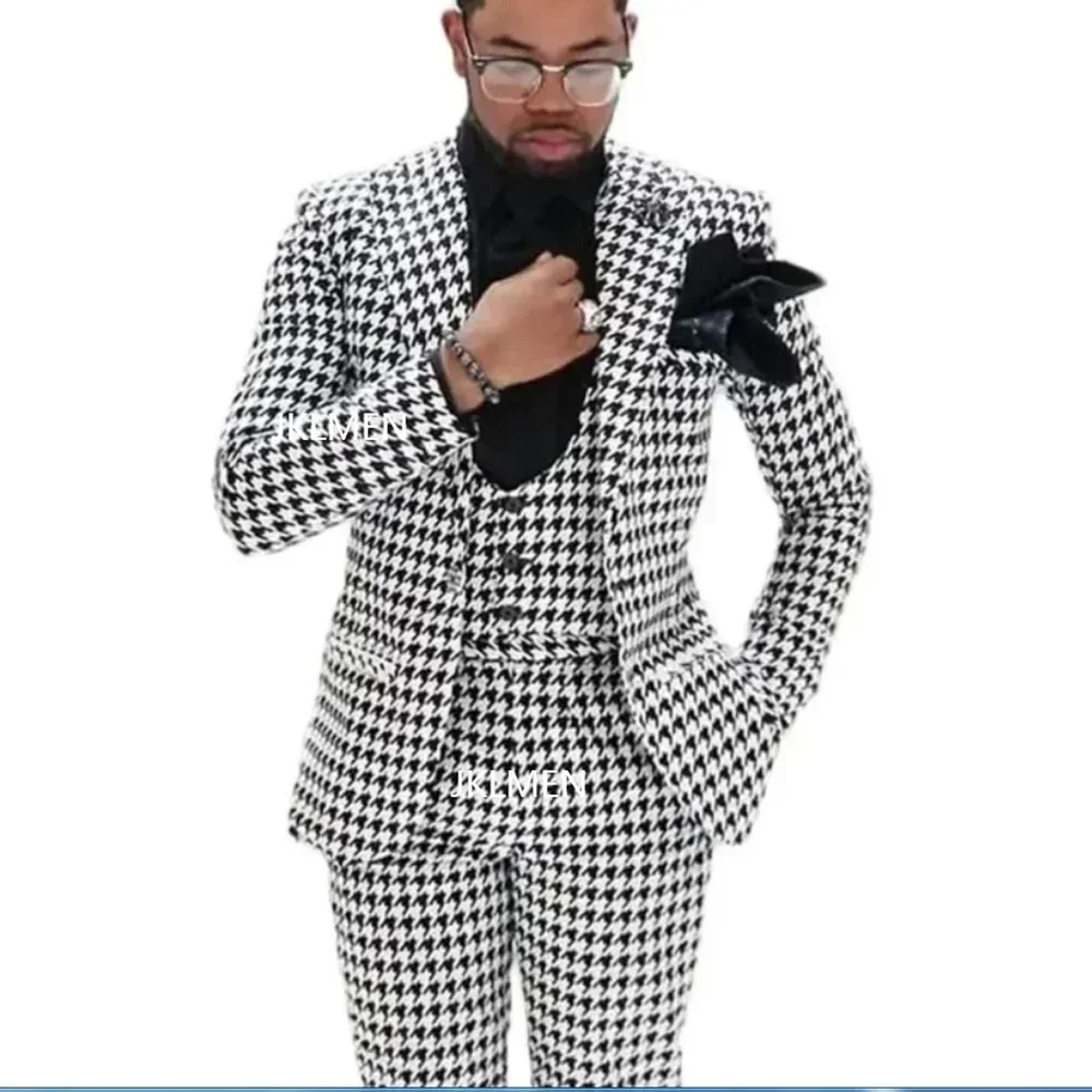 Houndstooth Men Suits Peak Lapel Wedding Tuxedo for Groom Single Button Prom Plaid Costume 2024 Custom Made Latest Design