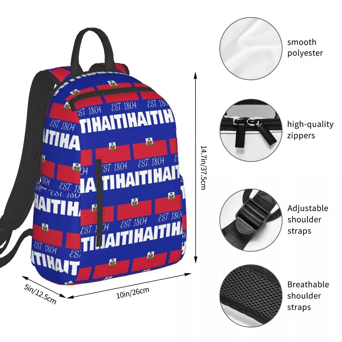 Haiti EST. 1804 Independence Haitian Flag Merch Backpack Student BookBag Children School Bag Laptop Shoulder Bags Boys Girls