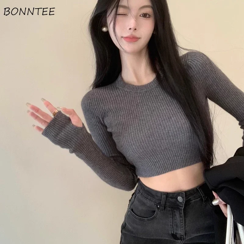 Cropped Knitted Pullovers Women Slim Autumn Basic Sweaters Ulzzang Attractive O-neck Minimalist Vintage Tender Temper Leisure