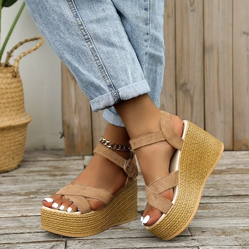 Fashion Wedge Sandals for Women Summer 2024 New Casual Non-slip Peep Toe Platform Shoes Rubber Sole Buckle Elegant Heels Women