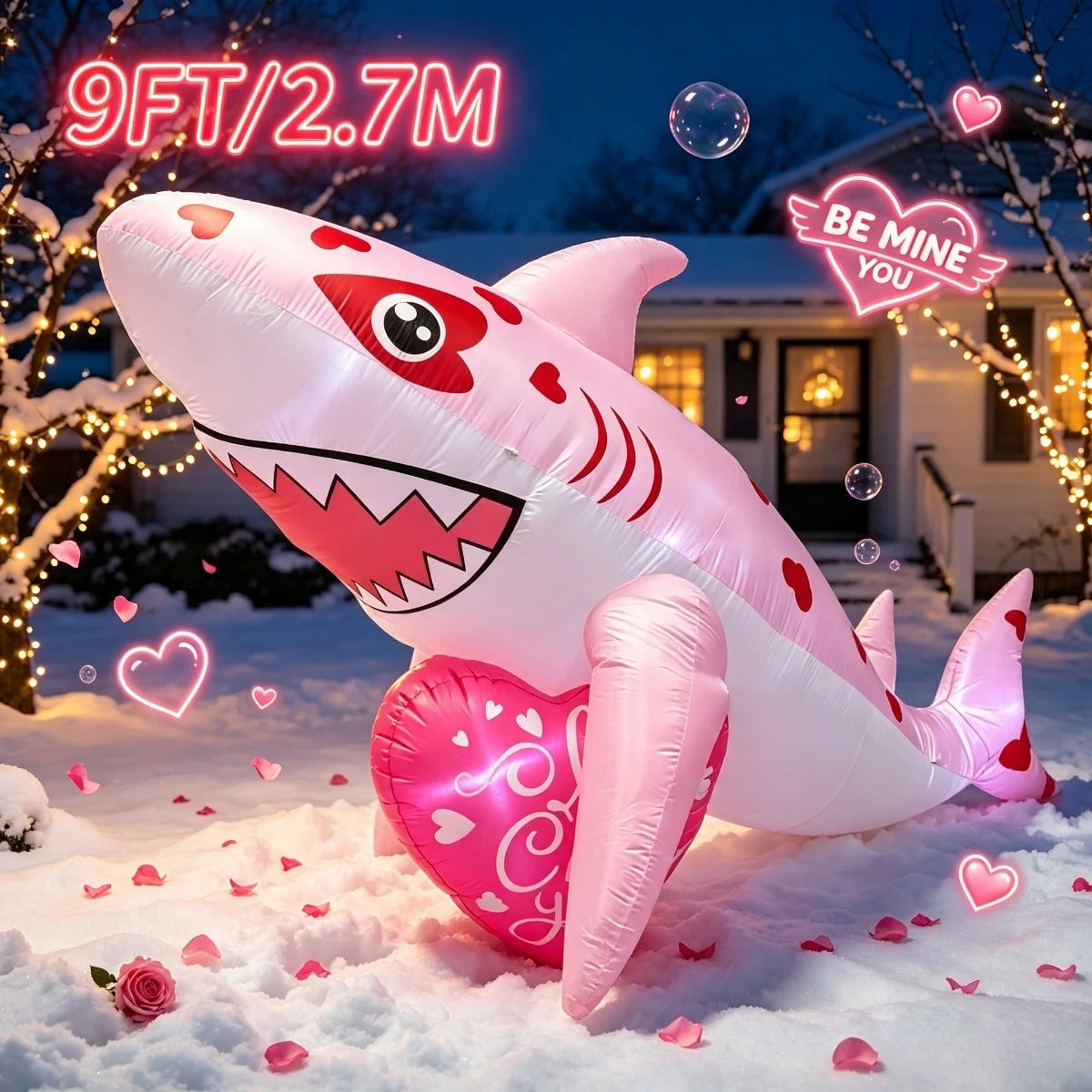 9FT Large Inflatable Shark with Heart Decorations Outdoor Yard Lawn Ornaments Valentine's Day Party Supplies for Garden Backyard