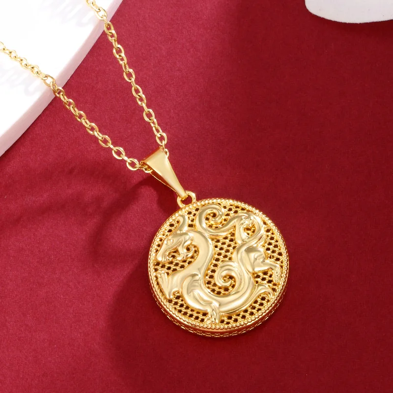

Luxury 24K 9999 Pure Gold real gold Men's and Women's Geometric Round Hollow-out Dragon Pendant Necklace