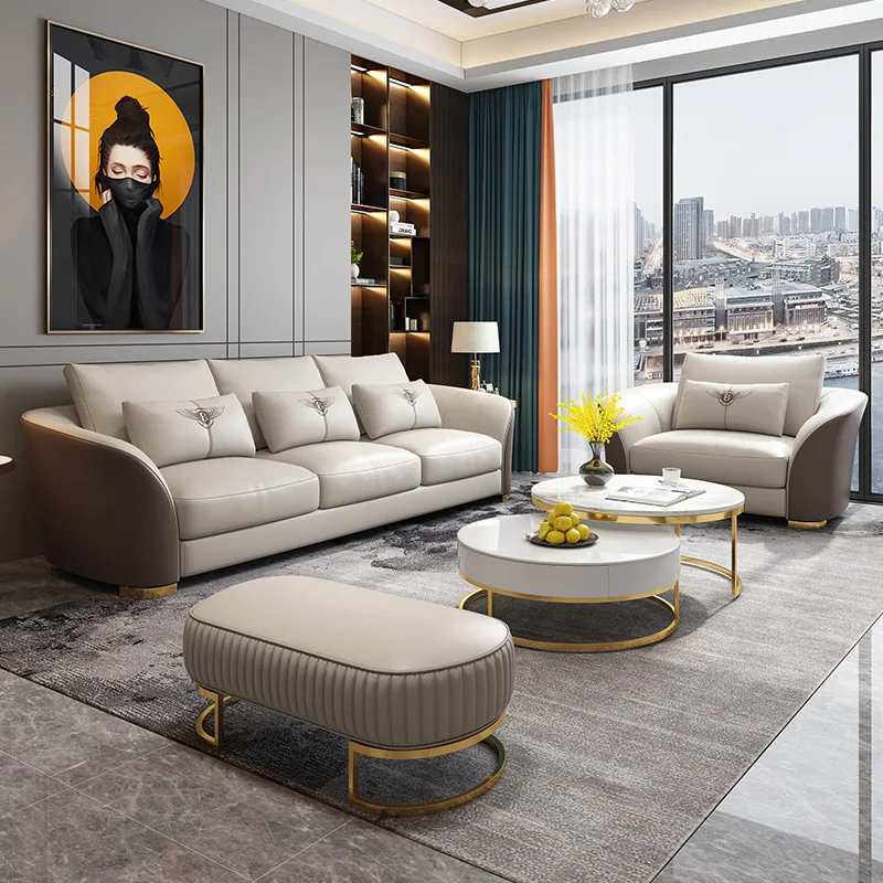 Italian design luxury home modular leather sofa set villa furniture wooden frame