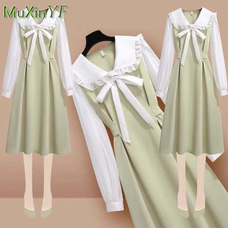 Women's Fashion Dresses 2024 Spring New Bow Knot Fake Two Pieces Green Dresses Korean Elegant Casual Midi Skirt Female Clothing