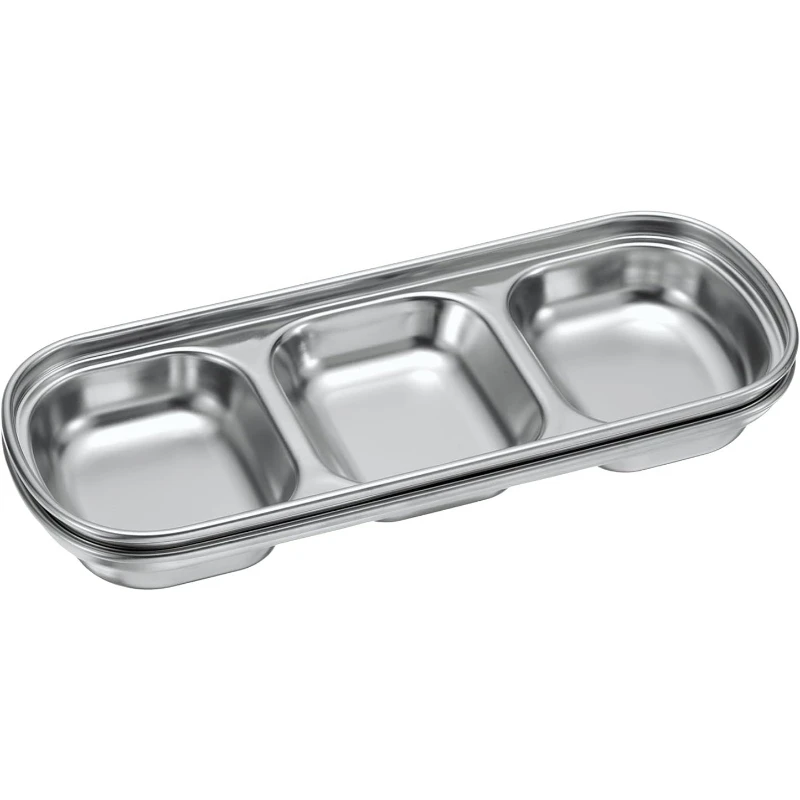 Korean 304 Stainless Steel Divided Sauce Plates Portable Hot Pot Seasoning Dishes for Hot Pot BBQ Side Trays 3 Grids