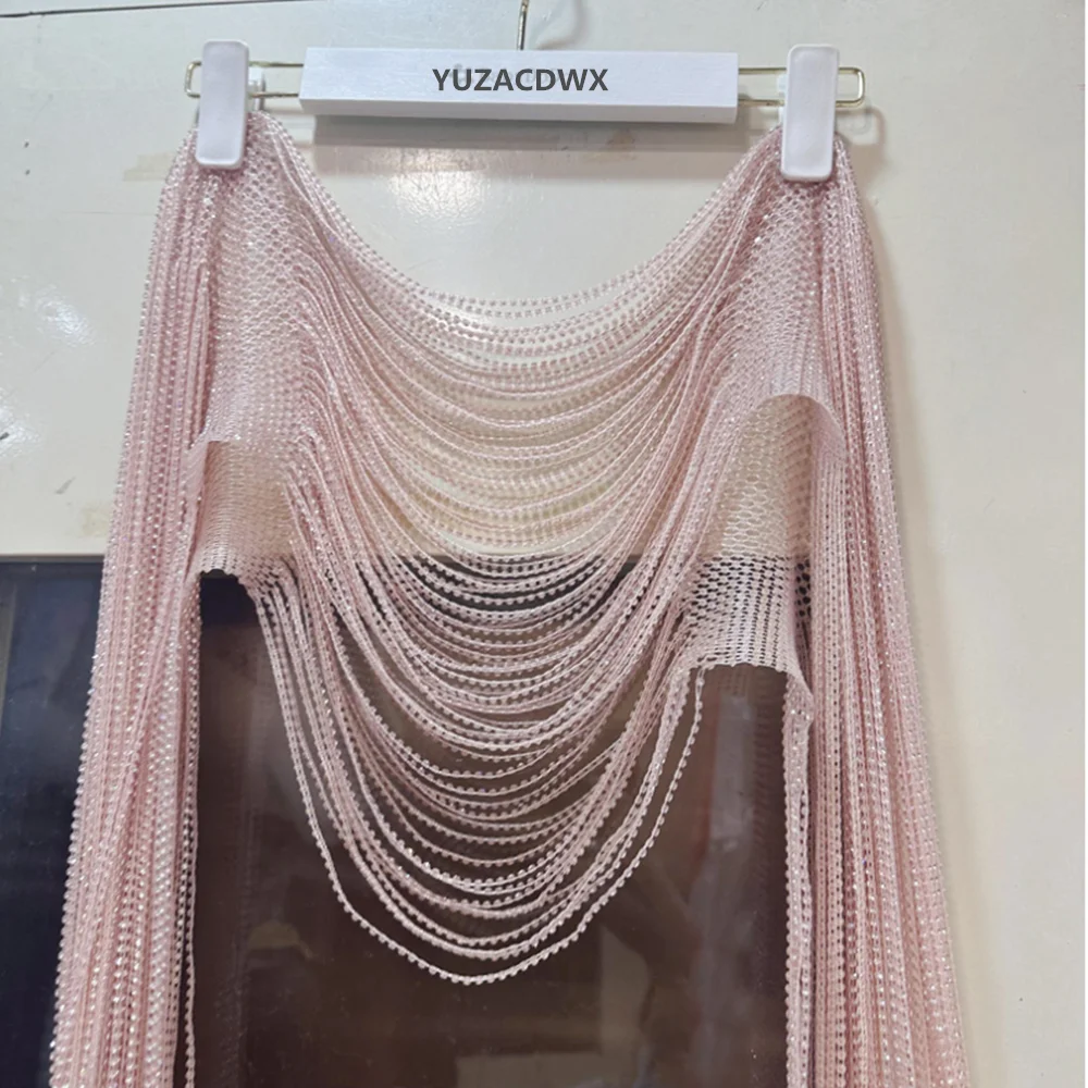 2025 New Sexy Women Diamond Chain T-shirt Long Sleeve Holiday Bling Bling Rhinestone Bodycon Poncho Pullover