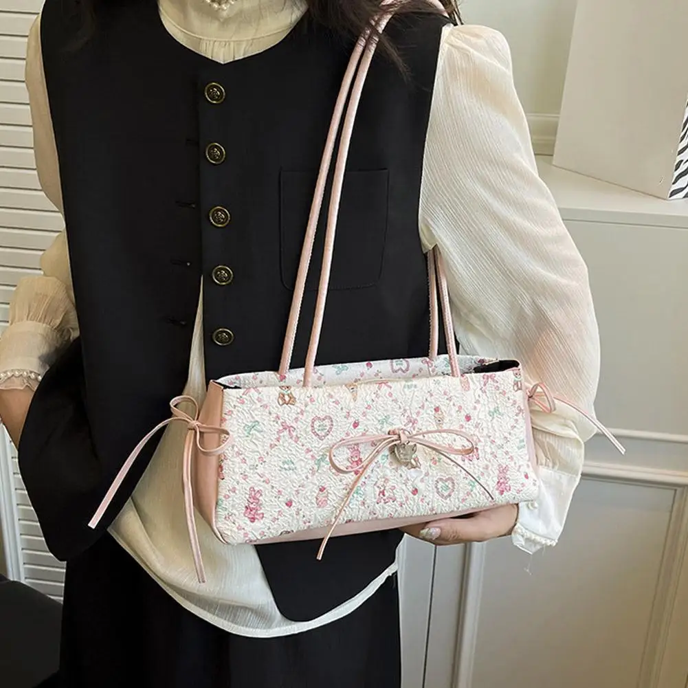 かわいいかわいいレディースバッグ甘いスタイルハイエンド脇の下バッグボウプリントバッグファッションシングルショルダーハンドバッグトレンディなかわいい小さなバッグ